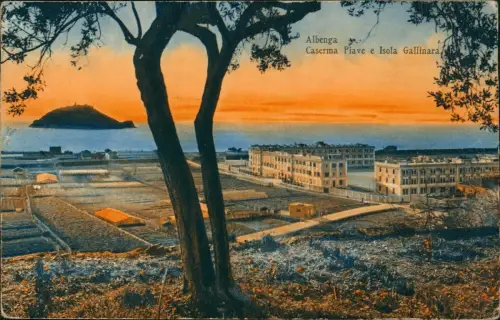 Cartolina Albenga Caserma Piave e Isola Gallinara 1912