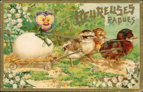 MEUREUSES PADUES Ostern Easter Küken ziehen Gnom 1915 Goldprägung