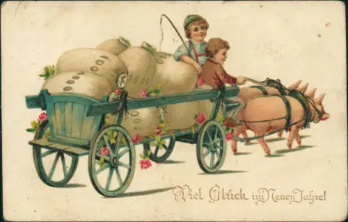 Neujahr Sylvester New Year Jungen auf Wagen mit Geldsäcken Glücksschweine 1930