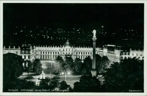 Stuttgart Schloßplatz, neues Schloß bei Nacht im Lichterglanz 1936