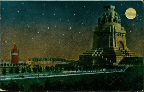 Ansichtskarte Leipzig Völkerschlachtdenkmal Sternenhimmel Mondnacht 1918