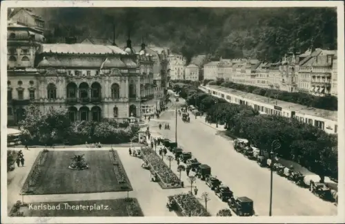 Postcard Karlsbad Karlovy Vary Theaterplatz. 1929