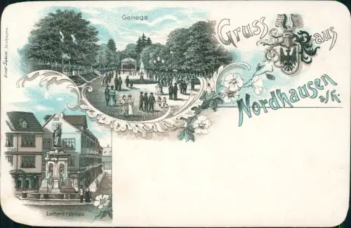 Ansichtskarte Litho AK Nordhausen MB: Gehege Lutherbrunnen Heraldik 1898