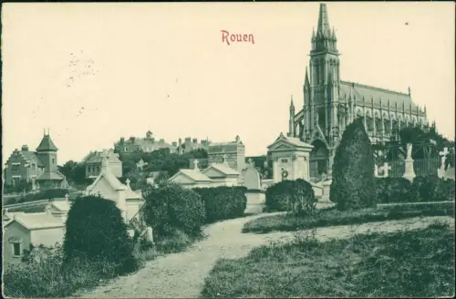 CPA Rouen Kirche Friedhof 1932  Schiffsstempel Sassnitz Trelleborg