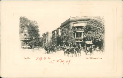Ansichtskarte Tiergarten-Berlin Straßenszene Kutschen 1909 Passepartout
