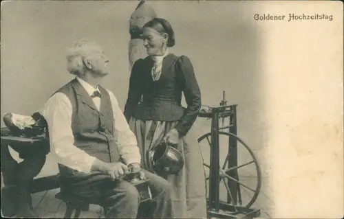 Ansichtskarte .Schweiz Goldener Hochzeitstag Frau und Mann Spinnrad Typen 1911