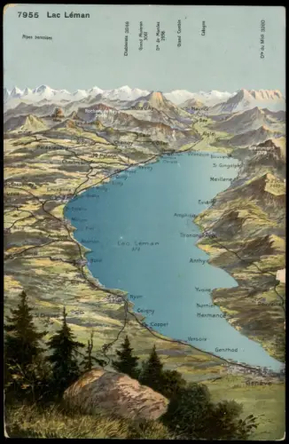 Genf Genève Panoramakarte des Genfersees mit Alpen und Ortschaften 1912