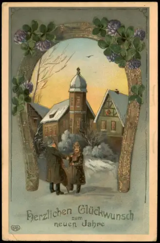 Ansichtskarte  Neujahrsgruß mit Winterlandschaft und Glückssymbolen 1905