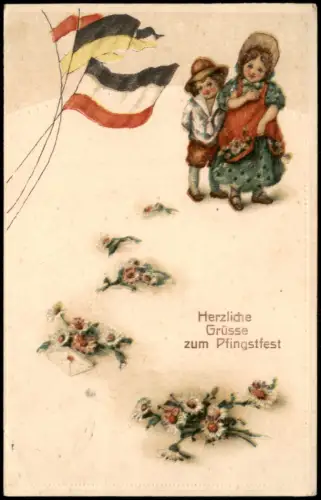 Ansichtskarte  Pfingstgruß mit Kindern und Reichsfahnen 1908