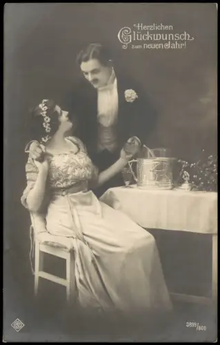Ansichtskarte  Neujahrsgruß mit elegantem Paar 1910