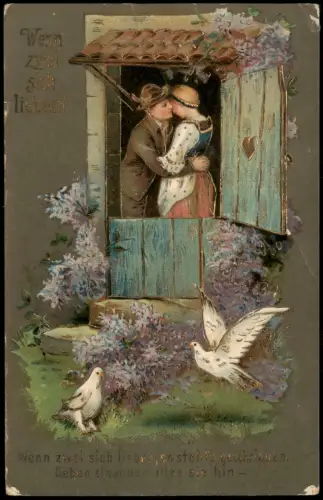 Ansichtskarte  Liebespaar am Fenster mit Flieder und Tauben 1915
