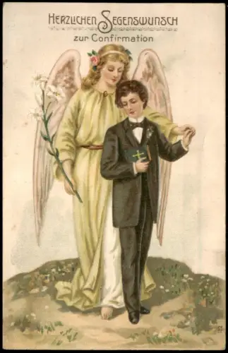 Ansichtskarte  Konfirmationskarte mit Engel und Konfirmand 1910