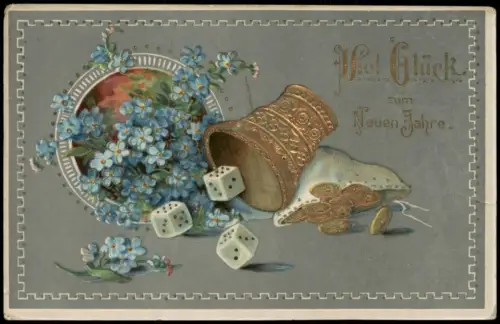 Ansichtskarte  Neujahrsgruß mit Glückssymbolen, Würfel Münzen 1888