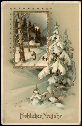 Ansichtskarte  Winterlandschaft mit Neujahrsgruß 1900