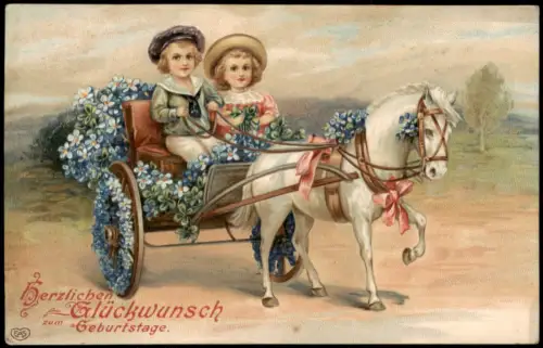 Ansichtskarte  Glückwunschkarte: Kinder in Blumenwagen mit Pferd 1918