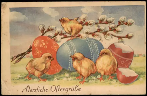 Ostergruß mit Küken und Ostereiern Weidenkätzchenzweigen 1943