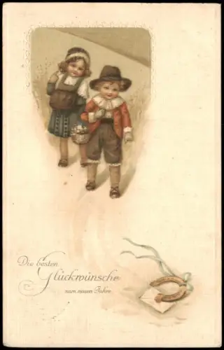 Ansichtskarte  Neujahrsgruß mit Kindern und Glückssymbol 1910