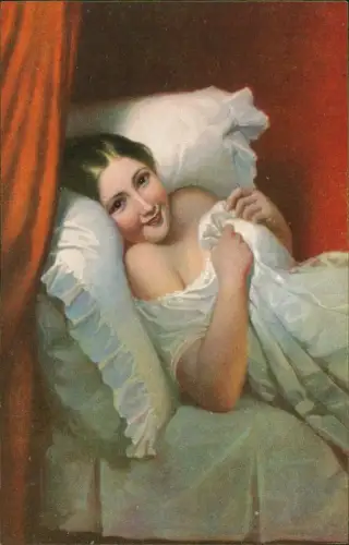 Künstlerkarte Gemälde Das Erwachen schöne Frau im Bett P.E. DESTOUCHES 1912