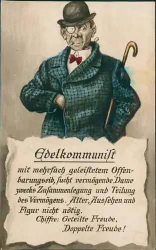 Scherzkarte Edelkommunist Chiffre: Geteilte Freude, Doppelte Freude! 1914