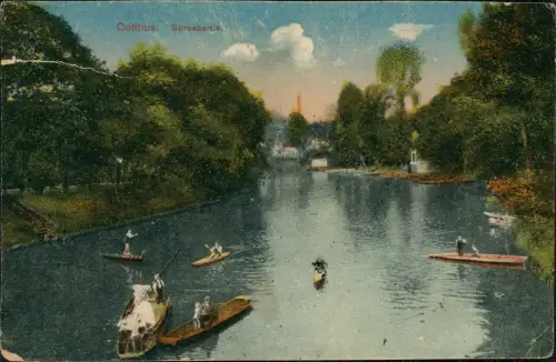 Ansichtskarte Cottbus Spreepartie Kahn mit Wendin Ruderer 1918