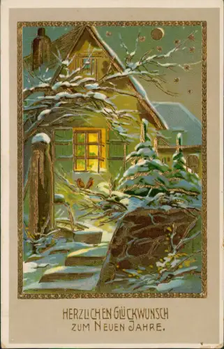 Ansichtskarte  Neujahr Sylvester New Year Haus im Winter Vögel Mond 1914 Gold