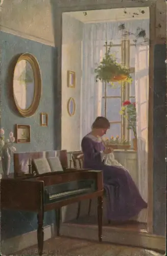 Ansichtskarte  Künstlerkarte Gemälde Dänische Kunst Im Erker Frau 1918