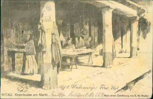 Mitau Jelgava Елгава Krambuden am Markt Künstlerkarte 1917  Feldpost