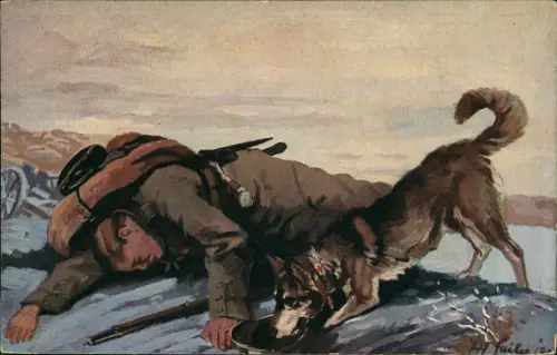 Ansichtskarte  Militär Künstlerkarte Sanitätshund findet Soldat 1914