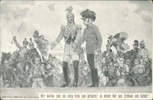 Künstlerkarte Kaiser Wilhelm II u. I Wir wollen einig sein 1914