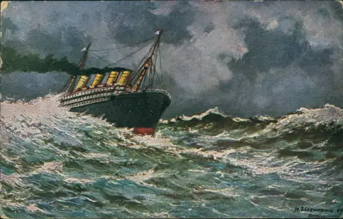 Schiffe Dampfer Steamer bei Sturm Künstlerkarte 1917  gel. Marine Schiffspost
