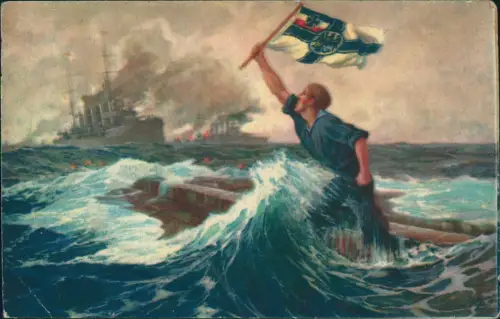 Ansichtskarte  Schiff Kriegsschiff Marine Der letzte Mann Patriotika 1915