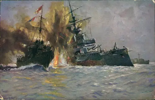 Schiff Kriegsschiff Marine Gefecht auf dem Meer Künstlerkarte 1915
