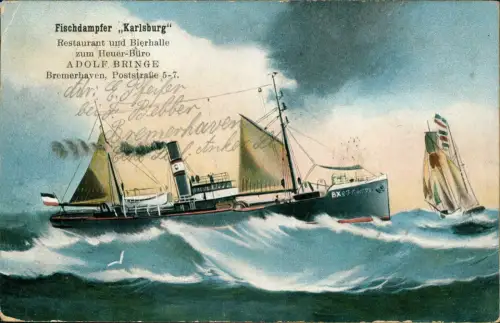 Ansichtskarte Bremerhaven Fischdampfer Karlsburg Restaurant Bierhalle 1912
