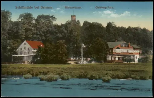 Ansichtskarte Grimma Schiffmühle. Bismarckturm. Gleisberg-Park. 1915