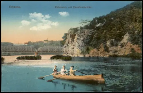 Ansichtskarte Grimma Rabenstein mit Eisenbahnbrücke. Ruderer 1915