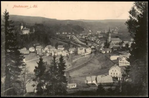 Ansichtskarte Neuhausen (Erzgebirge) Stadtblick mit Bahnhof 1915