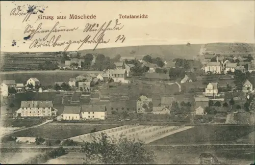 Ansichtskarte Müschede-Arnsberg Totale - Häuser Felder 1914
