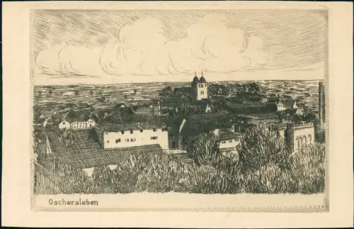 Ansichtskarte Oschersleben Stadtblick - Federzeichnung 1928