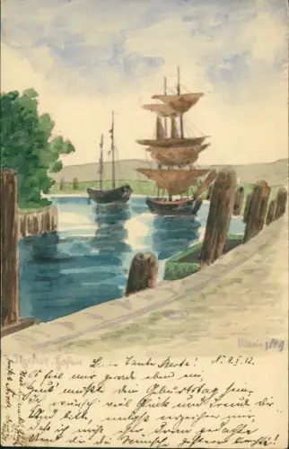 Ansichtskarte Itzehoe Hafen handgefertigte Künstlerkarte UNIKAT 1911