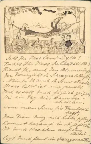 Ansichtskarte  Künstlerkarte handgefertigt Frau in Hängematte UNIKAT 1911