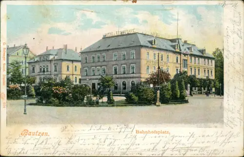Ansichtskarte Bautzen Budyšin Bahnhofsplatz Hotel 1907