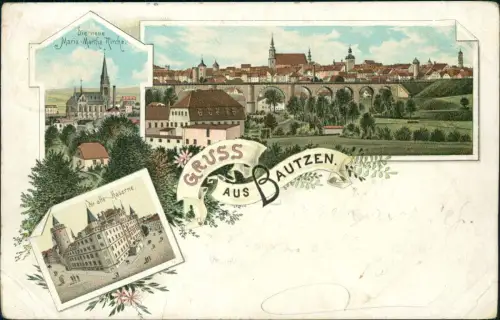 Litho AK Bautzen Budyšin Kirche Totale alte Kaserne Gruss aus... 1898