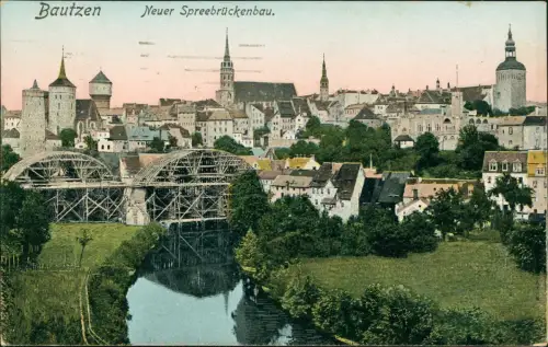 Ansichtskarte Bautzen Budyšin Neuer Spreebrückenbau. Brücke im Bau 1918