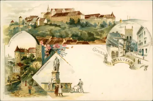 Litho AK Bautzen Budyšin Denkmal, Totale, schloßstraße Gruss aus... 1899