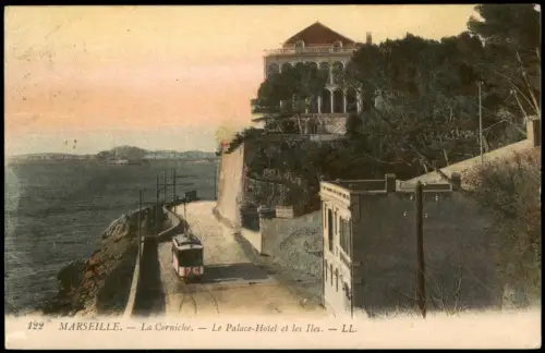 CPA Marseille La Corniche mit Palace-Hotel und Straßenbahn 1910