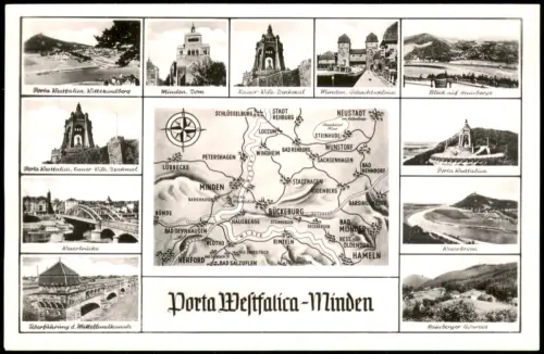 Porta Westfalica Mehrbildkarte Gebietskarte und Sehenswürdigkeiten, Minden 1960