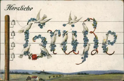 Ansichtskarte  Grüße Schwalben Stromleitung Schrift aus Veilchen 1917