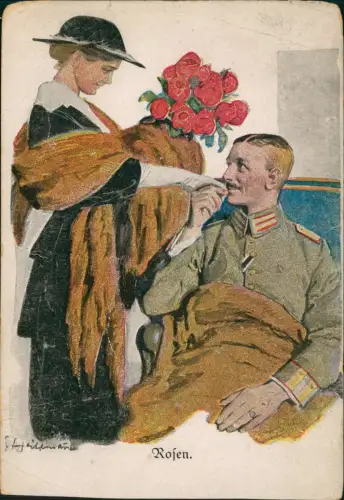 AK Künstlerkarte feine Dame bringt geliebten Soldaten Rosen 1918 Feldpost