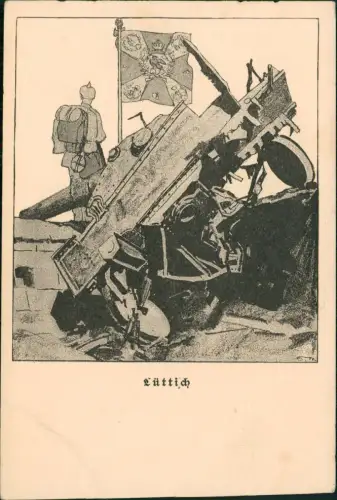 Lüttich Luik Lîdje Künstlerkarte Soldat Regimentsfahne zerstörter Panzer 1915
