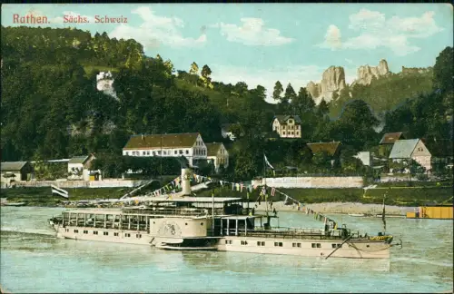 Ansichtskarte Rathen Stadt und Elbdampfer 1909